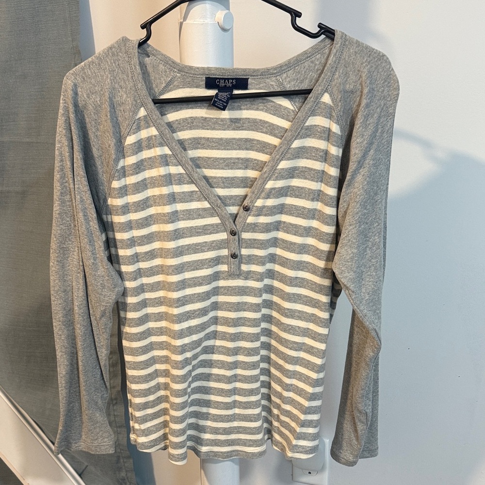 Chaps Heather Gray and White Striped Long Sleeve Top